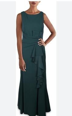 Betsy & Adam Ruffle Bow Trumpet Gown Green Sleeveless Maxi Slit Stretch Sz 6
